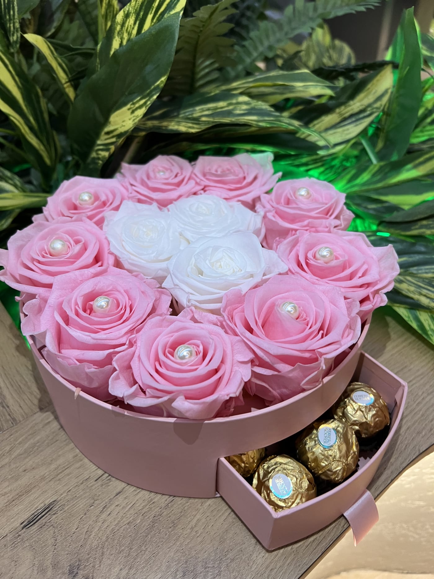 Pink Roses Box With Ferrero (Preserved Flowers)