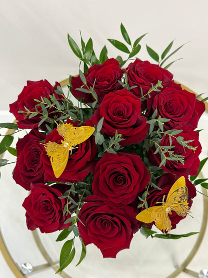 1 Dozen roses in Vase with butterflies